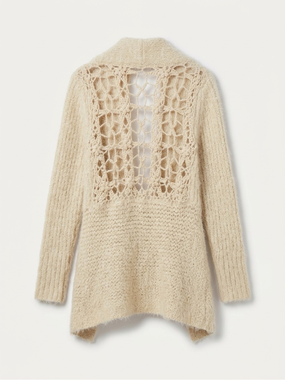 Rye Cream Open-Back Crochet-Panel Knit Cardigan